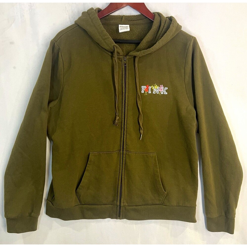 VS PINK Hoodie Green Fleece Cotton Blend Full Zip Hooded Size XL